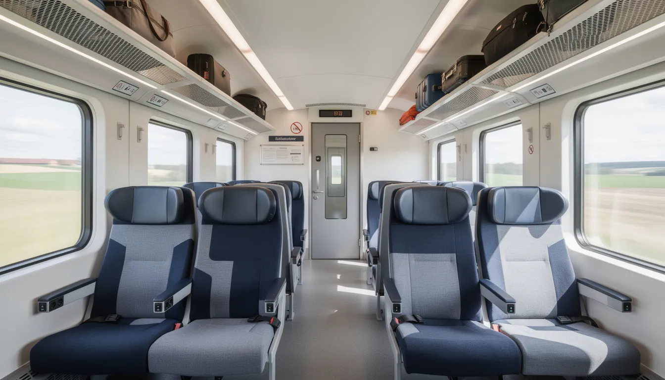 Trains in Lithuania The interior of a modern Lithuanian train features comfortable seats equipped with power sockets and overhead luggage racks, providing a convenient travel experience for passengers. This design enhances the journey on the Lithuanian rail network, making it ideal for routes connecting cities like Vilnius and Kaunas.