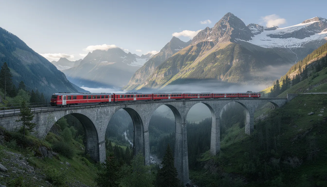 Swiss Travel Pass Explained A vibrant red train crosses a tall stone viaduct bridge, surrounded by majestic mountains and a lush valley below, showcasing the stunning landscapes of Switzerland. This picturesque scene highlights the beauty of Swiss travel, perfect for those exploring the country with a Swiss travel pass.