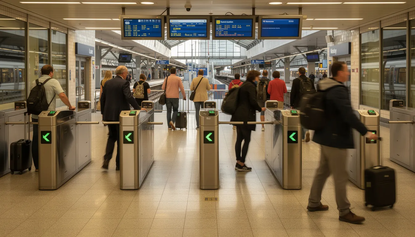 Interrail in Spain The image shows a busy train station with travelers passing through ticket barriers, navigating their way with interrail passes in hand. Various types of trains, including high-speed and local trains, are likely waiting on the platforms, ready to take passengers on their journeys across Spain.