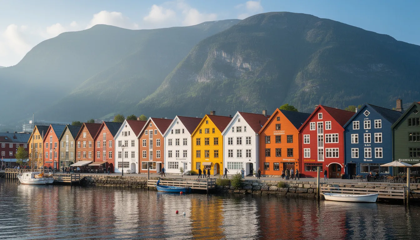 Interrail in Norway The image depicts colorful wooden houses lining Bergen's historic waterfront, with majestic mountains rising in the background, creating a picturesque scene ideal for travelers exploring Norway. This vibrant setting is a perfect stop for those holding an Interrail Norway pass, looking to plan their trip through the stunning landscapes of this country.
