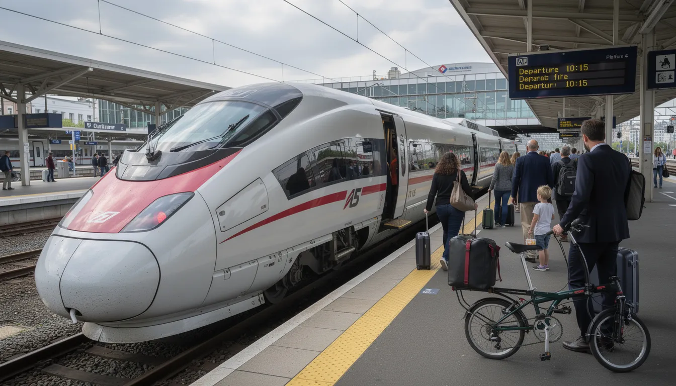 Eurail 3 Country Select Pass A modern high-speed train is stationed at a platform, with passengers actively boarding and preparing for their journey across Europe. The scene captures the excitement of train travel, highlighting the convenience of the eurail pass options available for exploring multiple countries.