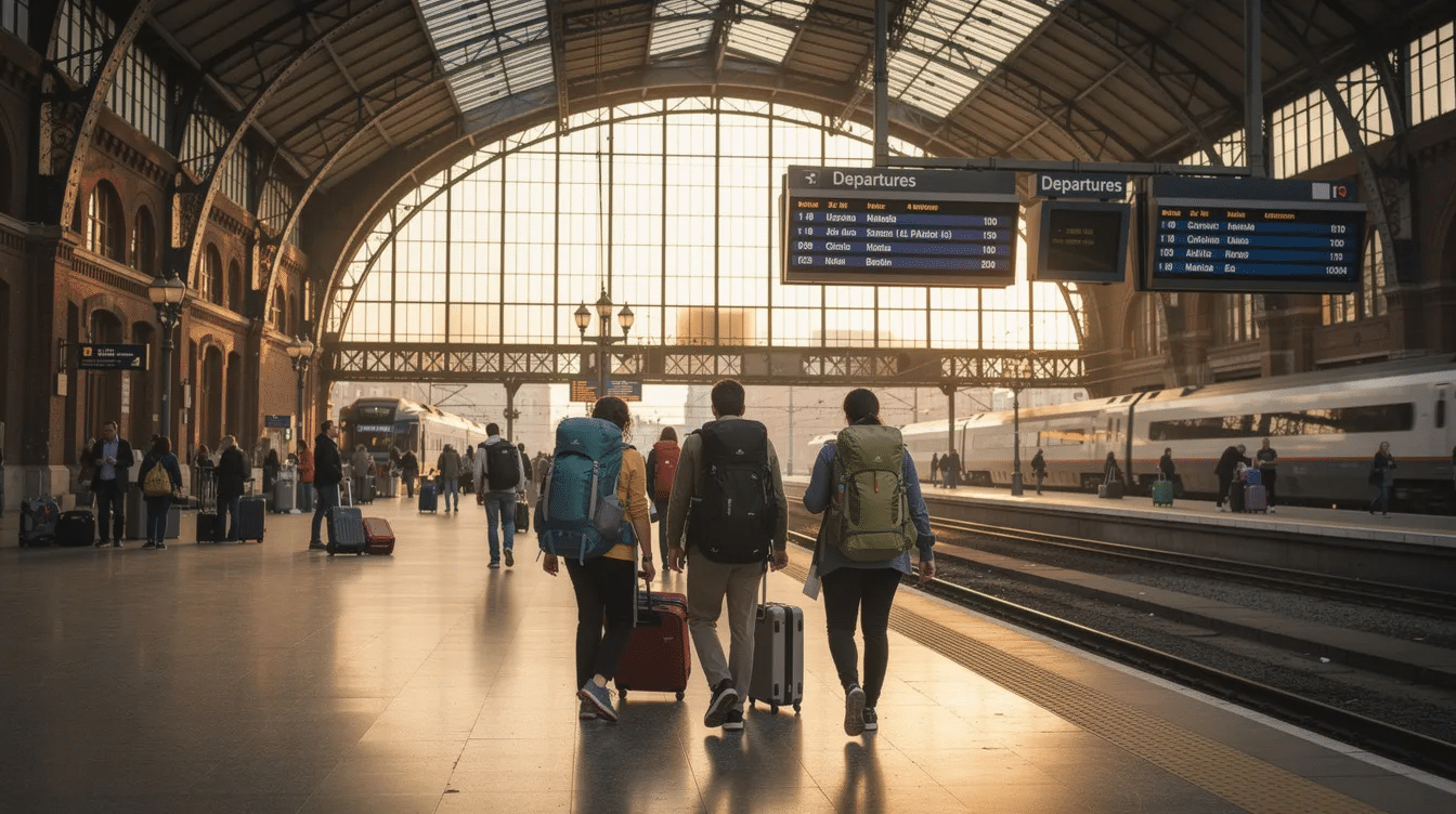 Interrail i Tjeckien En grupp resenärer med ryggsäckar promenerar längs en trafikerad järnvägsplattform på en stor europeisk station där intercity- och internationella tåg väntar.