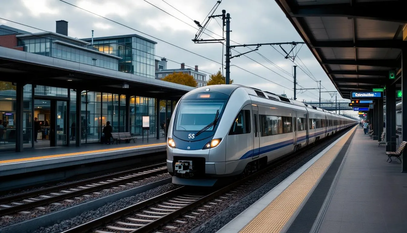 Trains in Denmark A Danish S-train is seen departing from a suburban train station, showcasing the efficiency of the national railway company in providing regional train services. The scene captures the essence of train travel in Denmark, connecting various cities and offering convenient public transportation options for commuters.