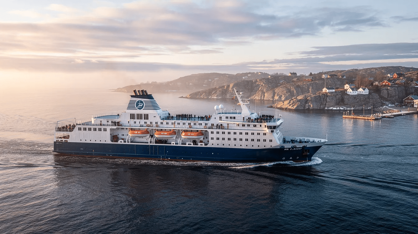 Interrail in Finland A passenger ferry sails across the Baltic Sea, connecting Nordic cities like Helsinki and Stockholm, with a backdrop of tranquil waters and distant islands. This journey is a popular choice for travelers using an Interrail pass to explore the stunning coastal landscapes of Finland and Sweden.