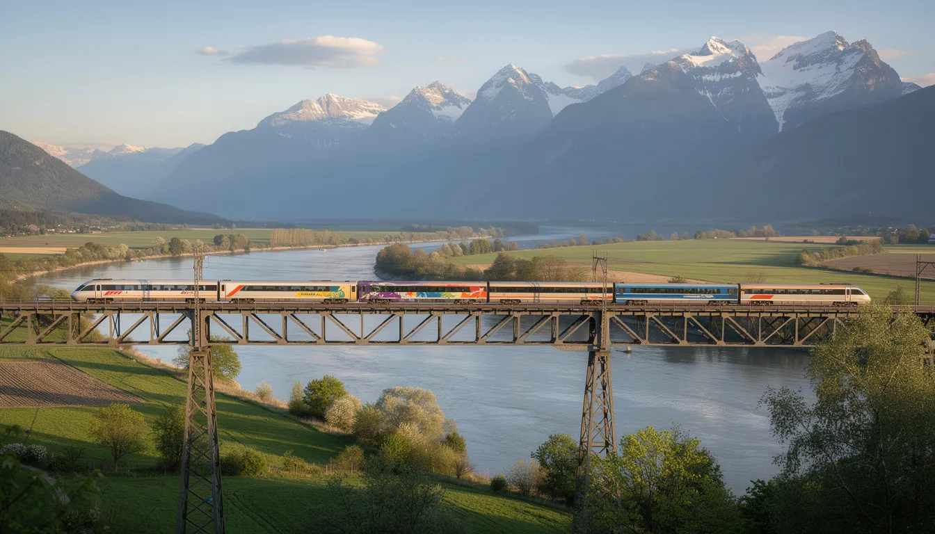 Trains in Bulgaria An international train operated by Bulgarian State Railways crosses a bridge over a picturesque river valley, with majestic mountains rising in the background, showcasing the scenic beauty of the railway network in Bulgaria. This journey highlights the rail connection between European countries, enhancing train travel experiences for passengers.