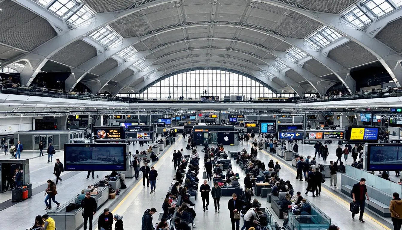 Trains in Sweden The image depicts the bustling interior of Stockholm Central Station, showcasing platforms filled with passengers and various public transport areas. This major hub for Swedish railways features modern trains, including high-speed and regional services, connecting travelers to popular Swedish train routes and major Swedish cities.