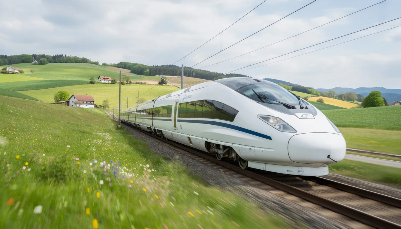 Europe Bullet Train: High-Speed Rail Guide for 2026 A sleek white and blue high-speed train is racing through the lush, rolling green countryside of Europe, showcasing the beauty of modern high-speed rail services. The train travels at top speeds, connecting major cities and offering an efficient means of transportation across the continent.