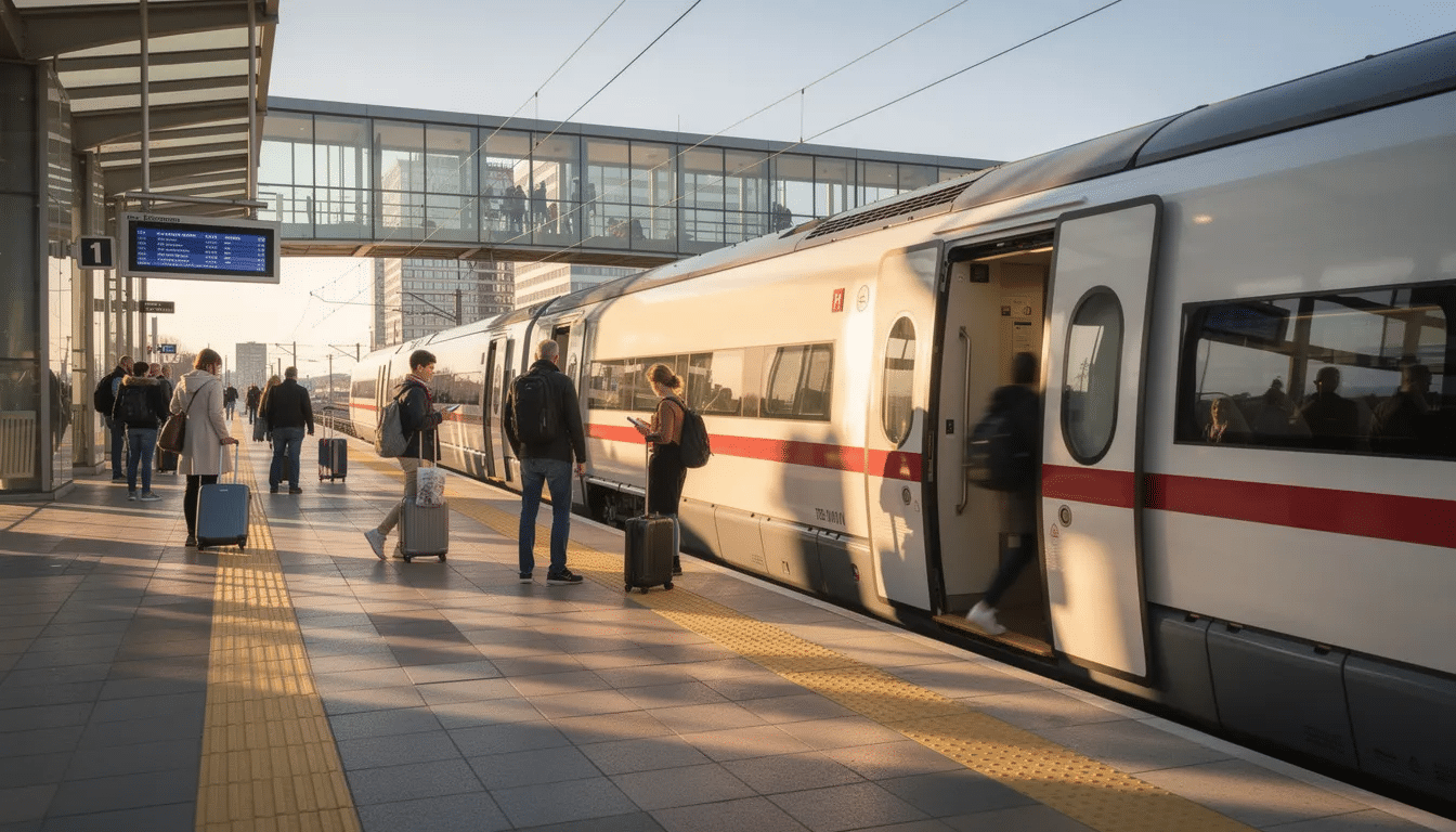 Interrail i Ungern Ett snabbtåg står på en modern europeisk plattform där passagerare stiger ombord inför sin resa. Scenen fångar kärnan i tågresande i Ungern, ett centraleuropeiskt land känt för sin rika kultur och destinationer som Budapest och Balaton.
