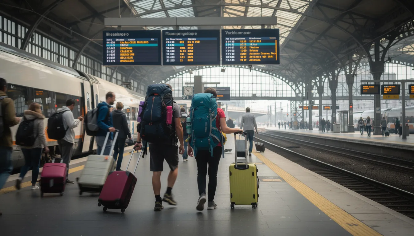 Is a Eurail Pass Worth It? A bustling European train station platform is filled with travelers carrying backpacks, eagerly making their way to catch their trains. The scene captures the excitement of train travel in Europe, where a Eurail pass can offer unlimited train journeys and save money on point-to-point tickets and seat reservations.