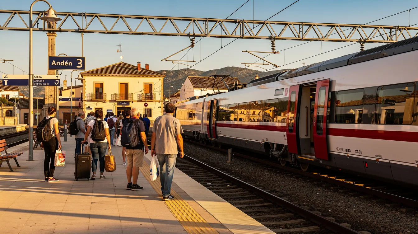 Seville to Lisbon by Train: How to Make the Journey in 2026 A modern regional train stands on a sunlit Spanish railway platform, with passengers boarding and preparing for their journey. The scene captures the excitement of travel, highlighting the convenience of train tickets for routes like Seville to Lisbon.