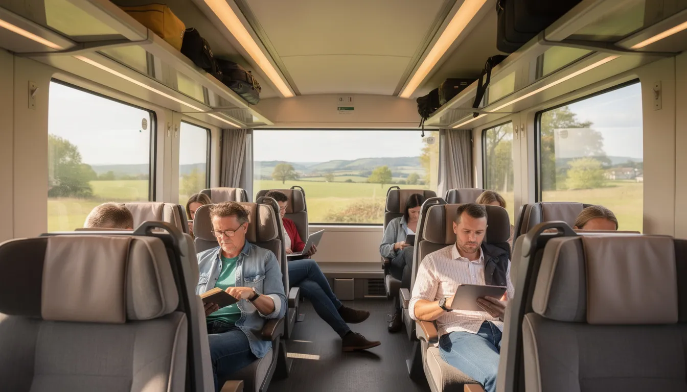 Trains in Poland Inside a modern train carriage, passengers are seated comfortably, enjoying the view through large windows that showcase the picturesque Polish countryside. This scene highlights the convenience of train travel in Poland, connecting major cities and offering a relaxing journey for all travelers.