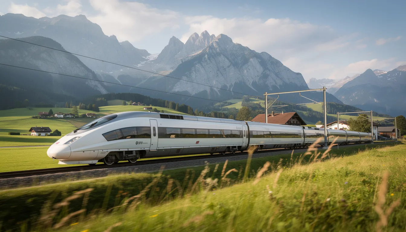 Eurail Global Pass A high-speed passenger train is racing through the lush green countryside of Europe, with majestic mountains rising in the background. This scenic route showcases the beauty of train travel, perfect for exploring 33 European countries with a Eurail global pass.