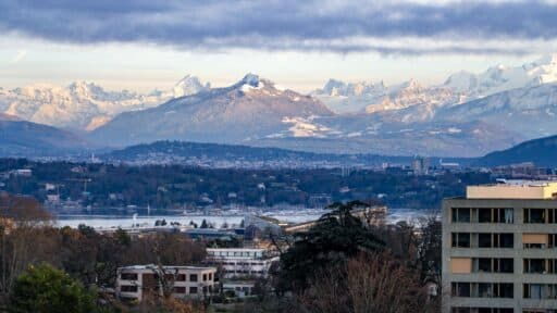 Geneva skyline and Lake Geneva with the Alps in the background