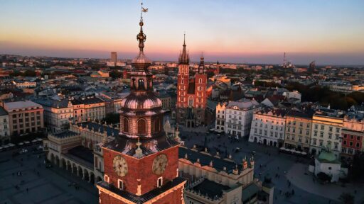 Krakow skyline and historic city center at sunset