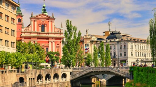 Ljubljana riverside and pink church