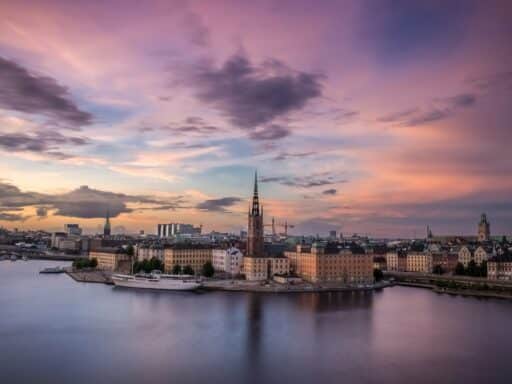 Stockholm waterfront skyline at sunset